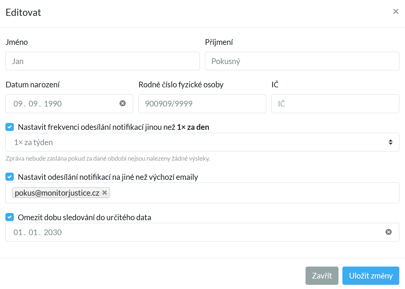 MonitorJustice parametry